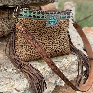 Cowhide Leopard All Leather Fringe & Tooled Strap Purse with Turquoise Concho